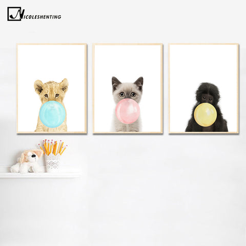 Kawaii Animal Cat Lion Bubbles Poster - Cozy Nursery