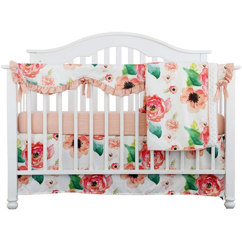 Coral Watercolour Floral Crib Bedding Set - Cozy Nursery