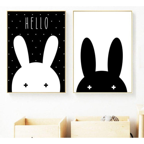 Black White Rabbit Wall Art - Cozy Nursery